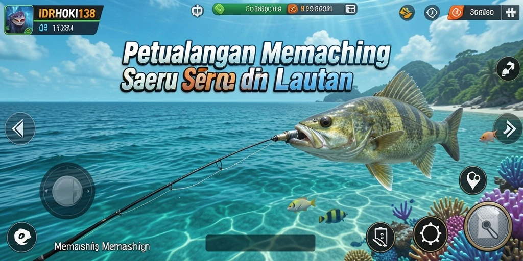 Antarmuka utama game Memancing dengan berbagai pilihan lokasi.